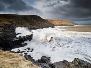 Waves crash against rocky cliffs under a dramatic stormy sky in a coastal landscape