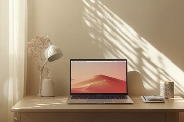 A laptop is on a desk with a vase of flowers and a cup