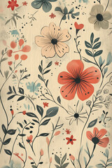 Hand-painted floral pattern with vibrant flowers and leaves on beige textured paper, perfect for artistic and natural themes