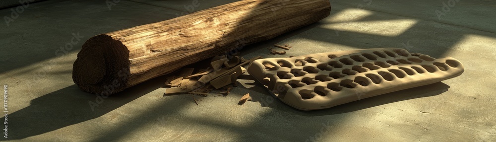 Poster a wooden log and a clay keyboard are placed on a surface, illuminated by soft light.