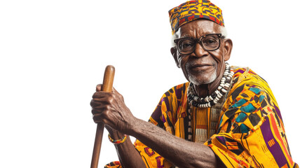Obraz premium Traditional African elder portrait, smiling senior man in colorful patterned clothing and hat holding wooden staff, cutout PNG