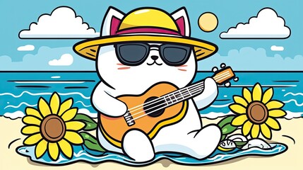 Cute cat playing ukulele on beach.