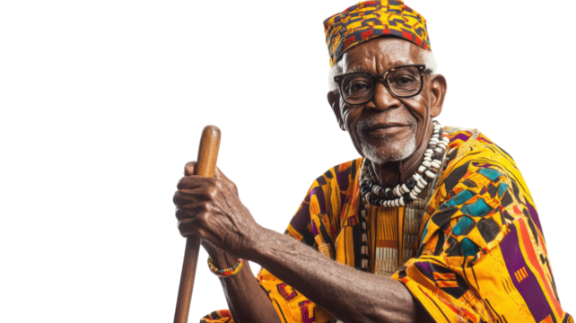 An old man in traditional African attire showcasing the elegance and cultural richness of African heritage, perfect for projects about tradition, customs, or cultural studies..
