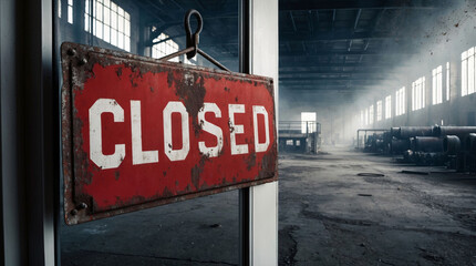 Red old Closed sign hanging on door of abandoned factory. Closed business, shutdown of industrial plant. Economic crisis and job loss