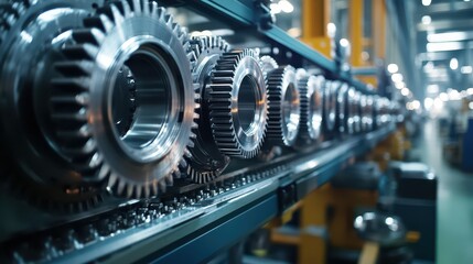 A dynamic industrial assembly line, with large rotating cogs and metal gears, creating an intricate flow of mechanical energy.