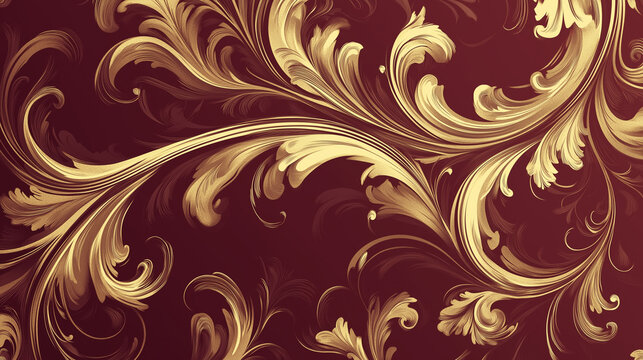 Ornate golden baroque floral design on a deep red textured surface, perfect for luxurious and sophisticated themes