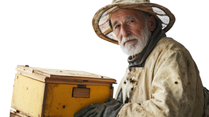 An elderly man clad in a beekeepers suit tending to his apiary, demonstrating the art of beekeeping while showcasing the importance of bees in our ecosystem and their role in agriculture..