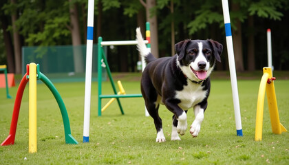 Dog running through agility poles on a Dog Agility Course in a lush green park