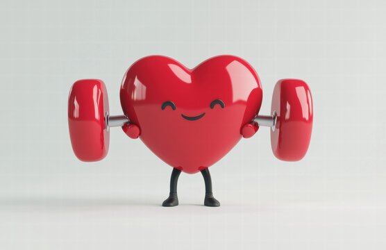 A cartoon heart is lifting a dumbbell - Powered by Adobe