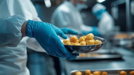 Kitchen staff prepare and serve golden fried snacks during busy culinary preparations