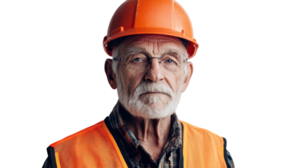 An elderly construction worker in a reflective vest diligently inspecting a building site, representing experience and dedication in the construction industry..