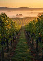 Obraz premium Breathtaking vineyard sunrise with misty morning landscape in autumn season