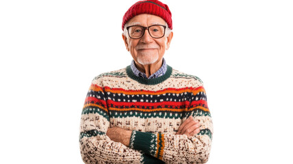 Obraz premium An elderly gentleman dressed in a vibrant festive holiday sweater, perfect for capturing the warmth and joy of the holiday season in family gatherings, parties, or festive events..