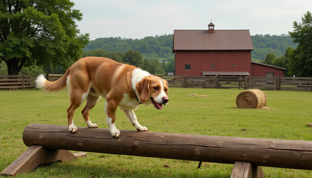 Dog balancing on a log in a Dog Agility Course at a picturesque farm