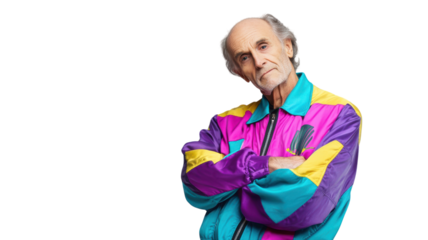 A Stylish Elderly Man in a Funky Tracksuit Showcasing Unique Fashion Sense and Confidence for Modern Lifestyle Imagery.