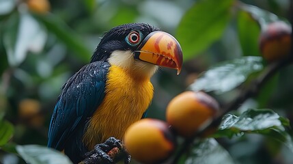 Obraz premium Collared Aracari Pteroglossus torquatus small toucan striking plumage feeding on tropical fruit against a bright rainforest canopy