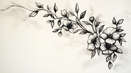 Black floral illustration with delicate blossoms and leaves on a light textured background, ideal for artistic designs