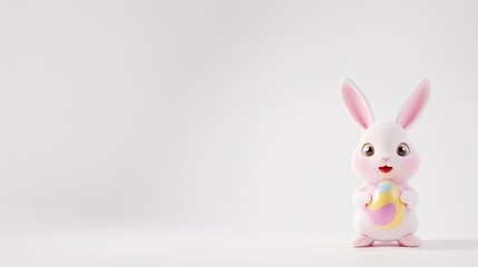Obraz premium Cute cartoon rabbit holding colorful Easter egg on white background