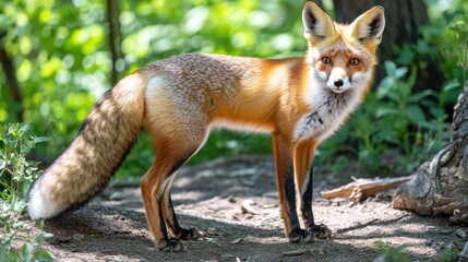 Naklejka premium A vibrant red fox stands in a forest setting, showcasing its striking fur and curious expression.