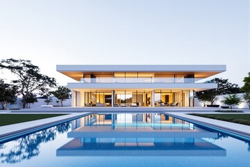 Fototapeta premium A modern luxury house with a glass facade, spacious outdoor area, and a clear pool, surrounded by trees and greenery under a light sky. Ai generative