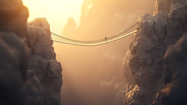 A bridge is suspended over a deep ravine