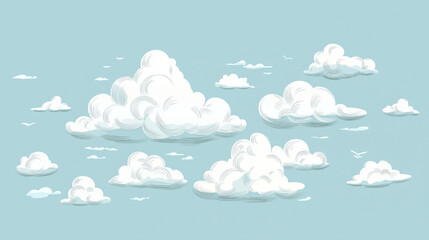 Playful hand-drawn clouds in white with subtle line details on a vibrant blue sky background, ideal for whimsical designs