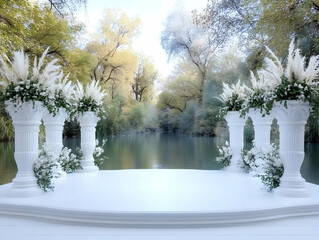 White Columns and Flowers Wedding Stage Background