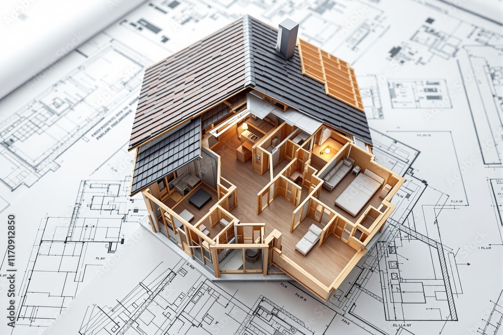 Poster a detailed architectural model of a house with visible interior layout, placed on a blueprint backgr