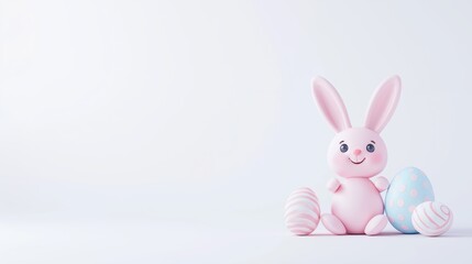 Obraz premium Cute Pink Bunny with Easter Eggs on a Soft White Background