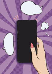 Woman Hand holding mobile phone illustration with a speach bubble empty
