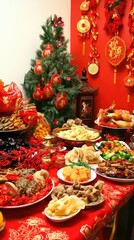 A festive table display filled with traditional foods, decorations, and a Christmas tree.