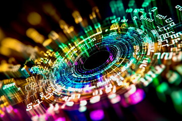 A futuristic quantum processor surrounded by glowing holographic numbers and algorithms in vibrant colors