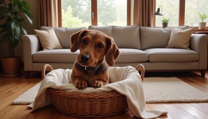 Dachshund puppy in a basket resting comfortably in a cozy living room