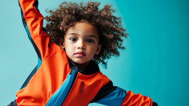 Young child with curly hair striking a dynamic pose against a bright blue background