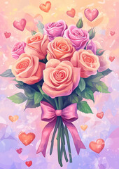 Rose Bouquet with Hearts: A vibrant bouquet of pink roses, tied with a delicate pink ribbon, is surrounded by floating hearts in a romantic and whimsical illustration. This image exudes love.