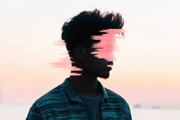 Young man experiencing glitch effect during sunset at the beach