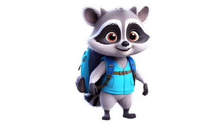 Obraz premium Adorable cartoon raccoon wearing a backpack, ready for adventure.