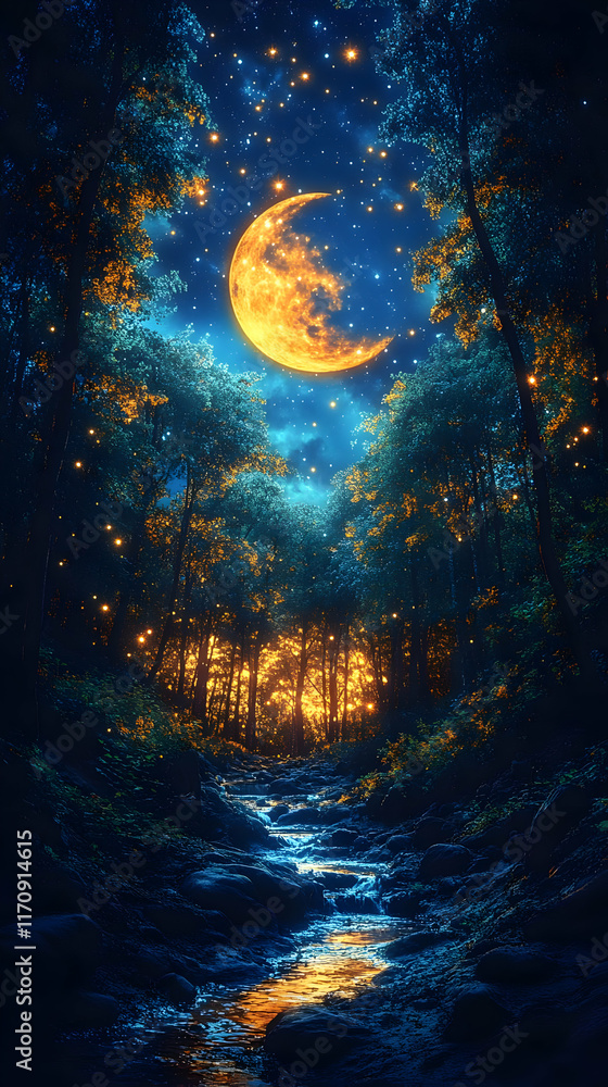 Poster enchanting moonlit forest path with glowing trees and stream.