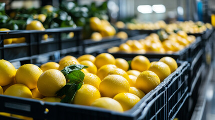 Fresh lemons piled in crates at a fruit distribution center during daylight hours