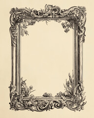 Vintage rectangular frame with baroque floral carvings on a light textured background, perfect for timeless designs