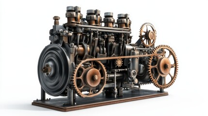 Fototapeta premium A powerful engine with rotating pistons, cogs, and exposed metal parts, illustrating the strength and precision behind industrial technology.