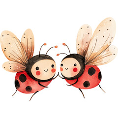 Kawaii watercolor ladybug couple, cute ladybird illustration