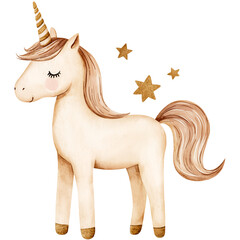 Magic watercolor unicorn illustration with stars