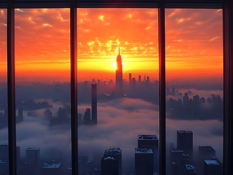 Fiery sunrise over a foggy city skyline viewed from a window.
