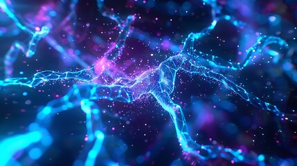 An abstract background featuring a complex network of glowing neural pathways in vivid blue and purple hues