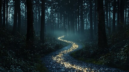 Obraz premium A dark forest with a glowing trail of light