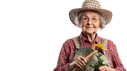 An elderly woman dressed in gardening attire tending to her vibrant garden showcases the essence of nurturing and dedication, perfect for themes related to retirement, hobbies, and outdoor life..
