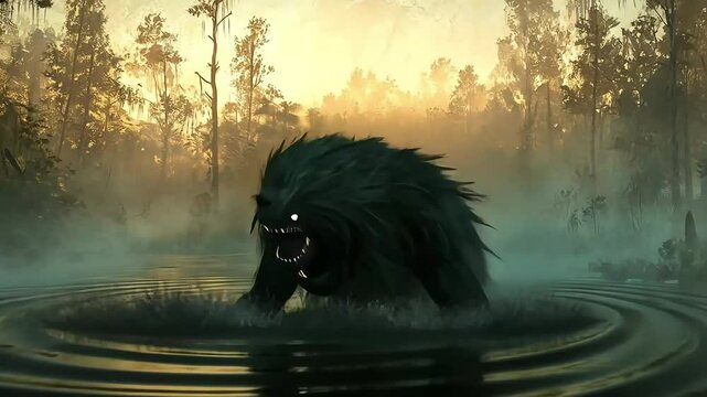 Dark, hairy creature emerges from swamp water, creating ripples.