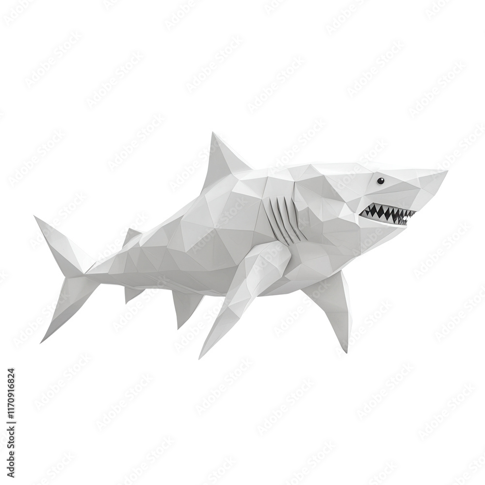 Poster a stylized, geometric representation of a shark, showcasing sharp fins and a menacing expression in 