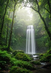 Serene jungle waterfall cascading through lush greenery in tropical forest